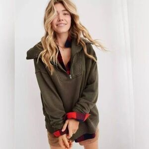 Aerie Size XS Down To Earth Quarter Zip Sweatshirt Oversized Military Green